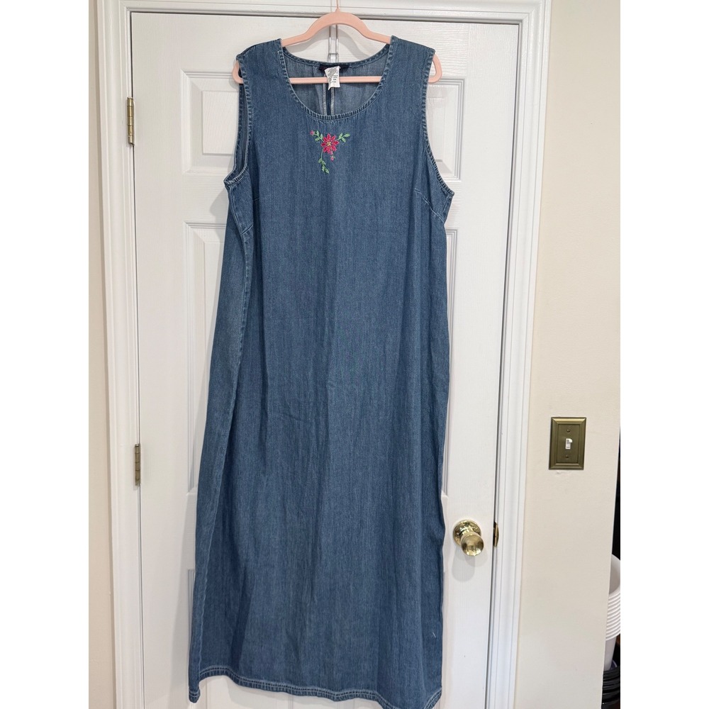 Womens 22W Blue Denim Floral Embroidered Vintage Maxi Dress A100455